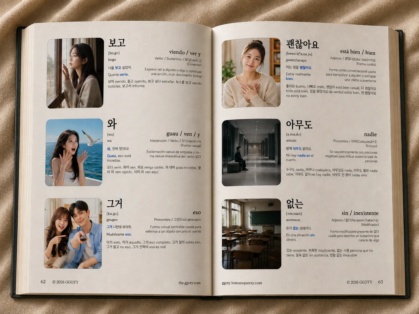 Páginas interiores del libro de vocabulario visual coreano de GGOTY