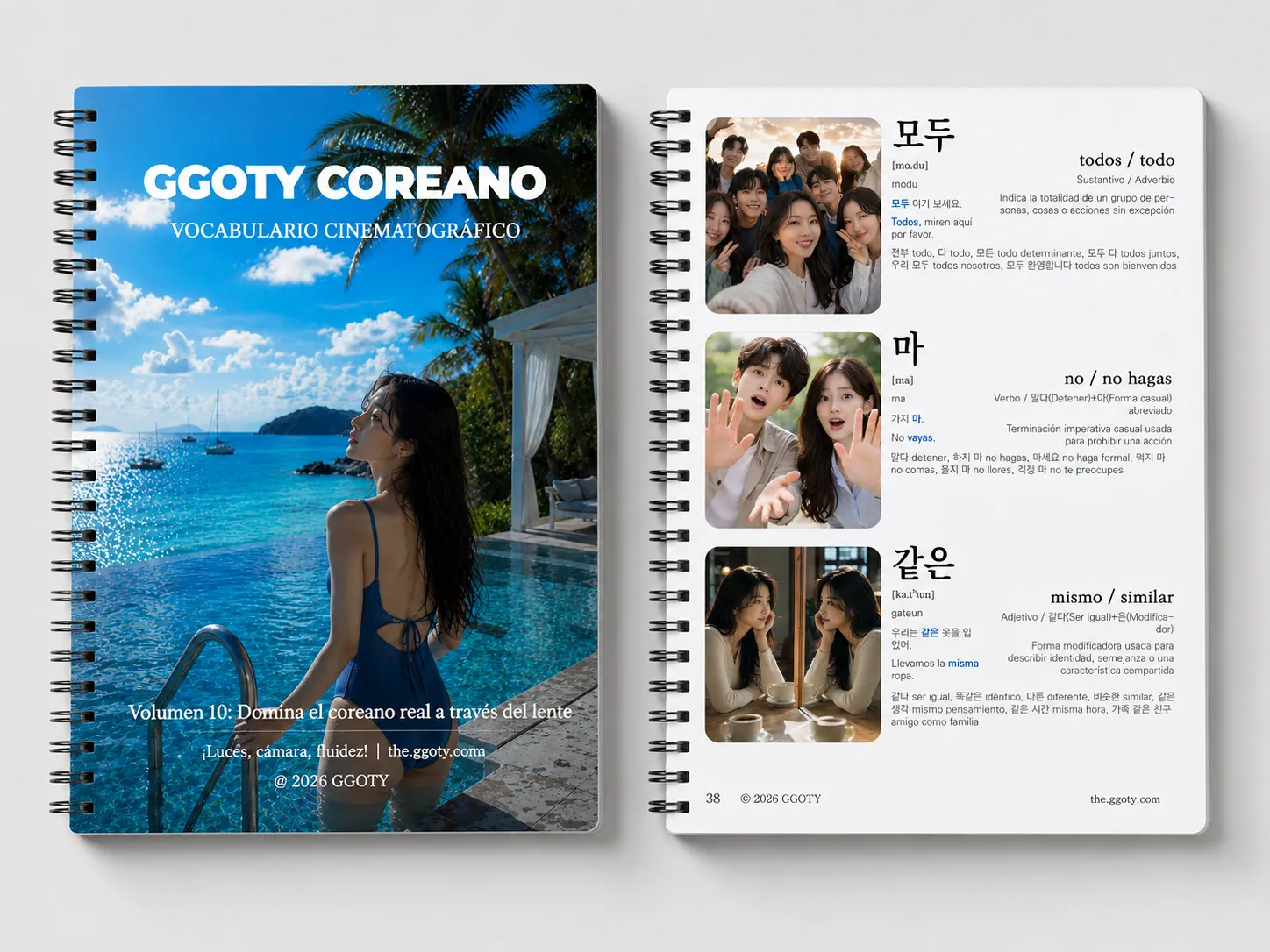 Libro de vocabulario coreano de GGOTY presentado como cuaderno de espiral