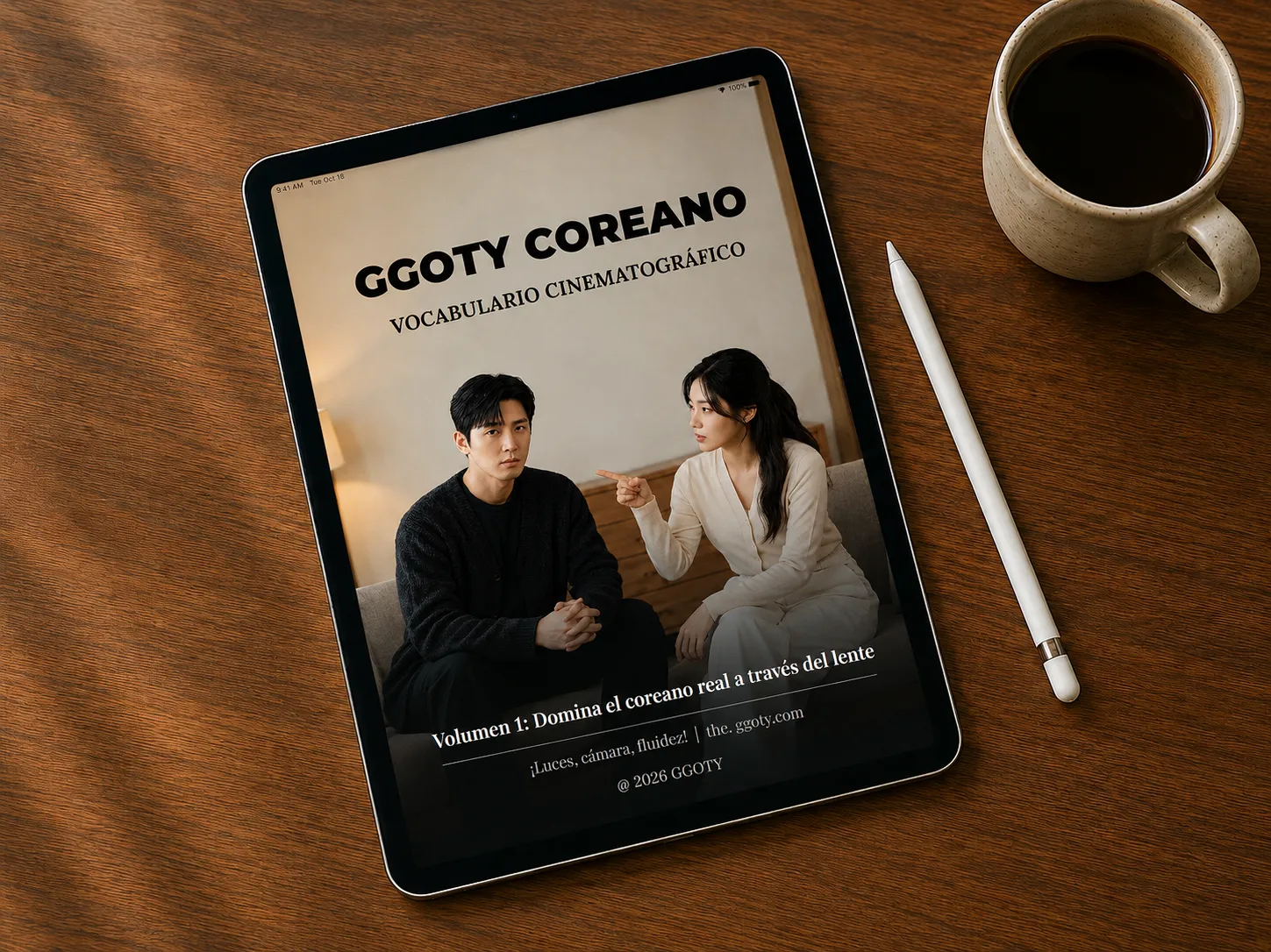 Libro de vocabulario visual coreano de GGOTY mostrado en una tableta