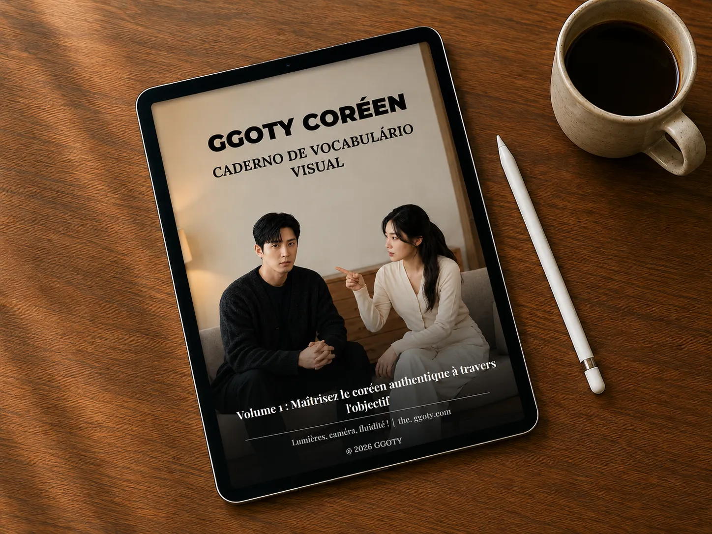 Livre de vocabulaire visuel coréen de GGOTY affiché sur une tablette