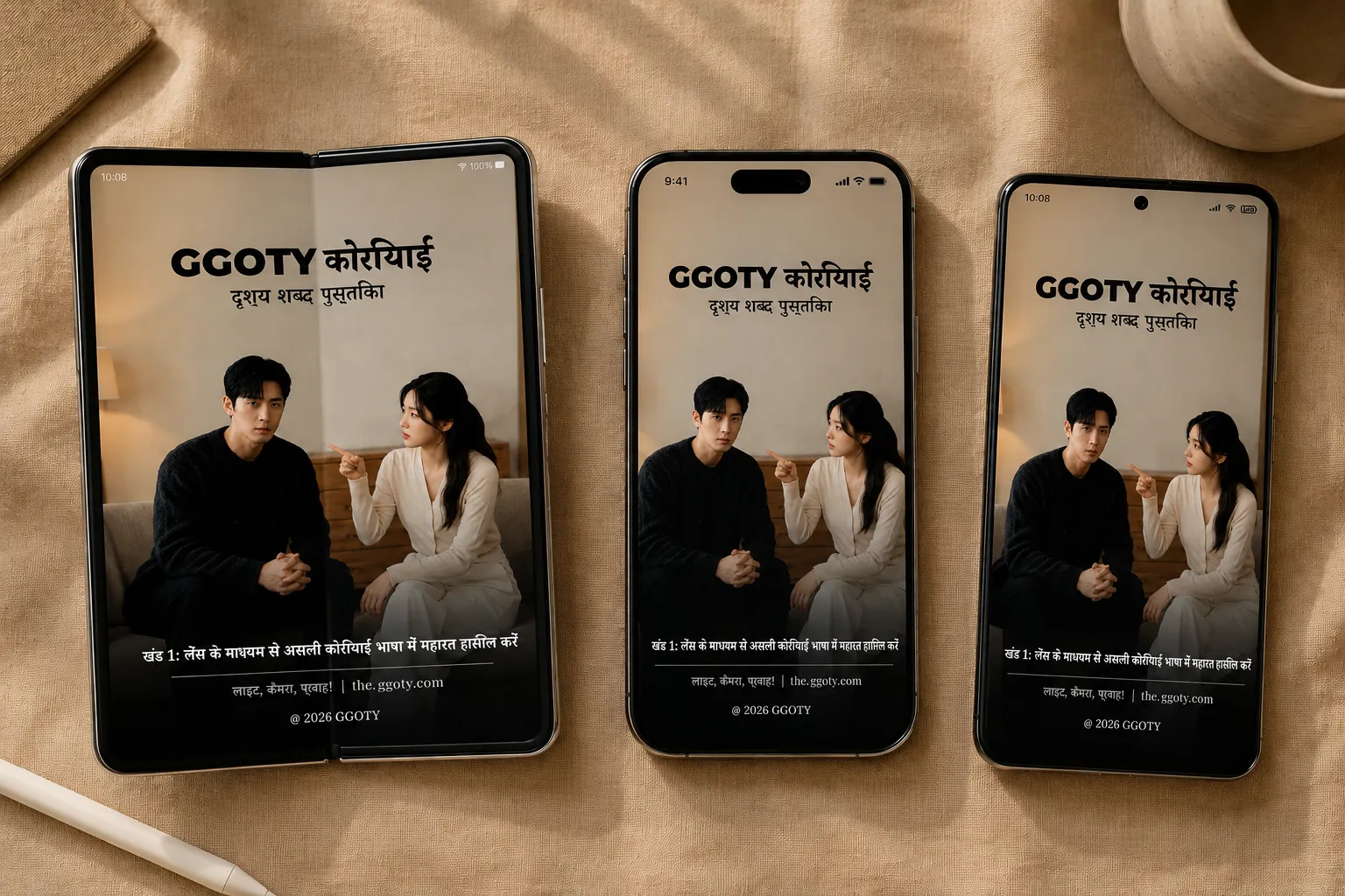 स्मार्टफोन पर प्रदर्शित GGOTY दृश्य कोरियाई शब्दावली पुस्तक