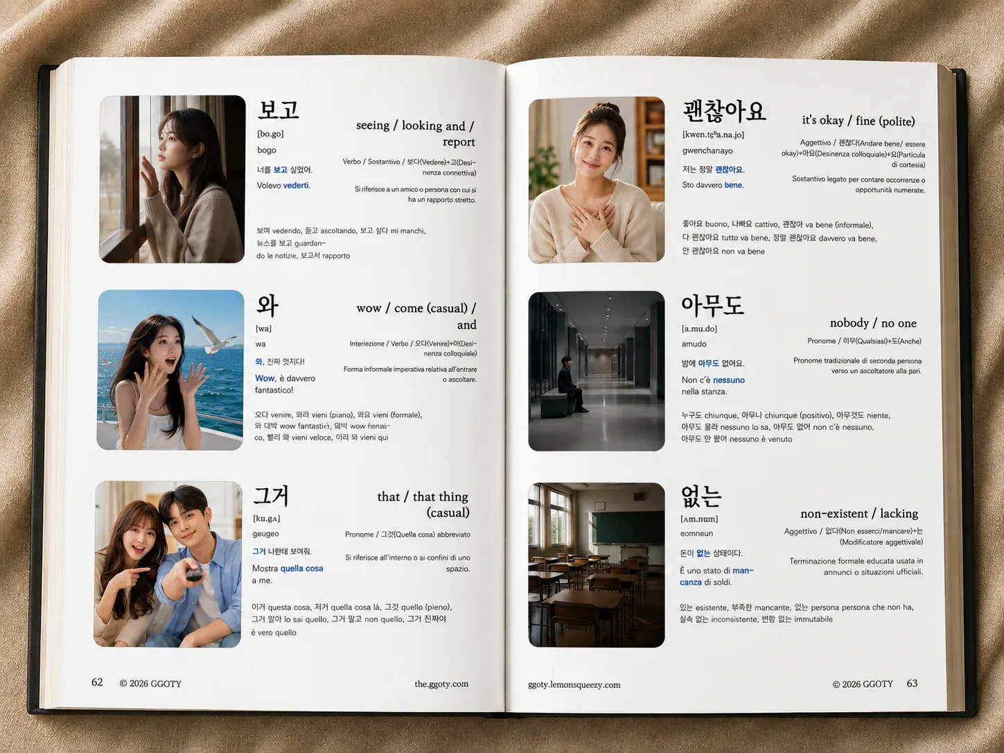 Pagine interne del libro di vocabolario visivo coreano di GGOTY