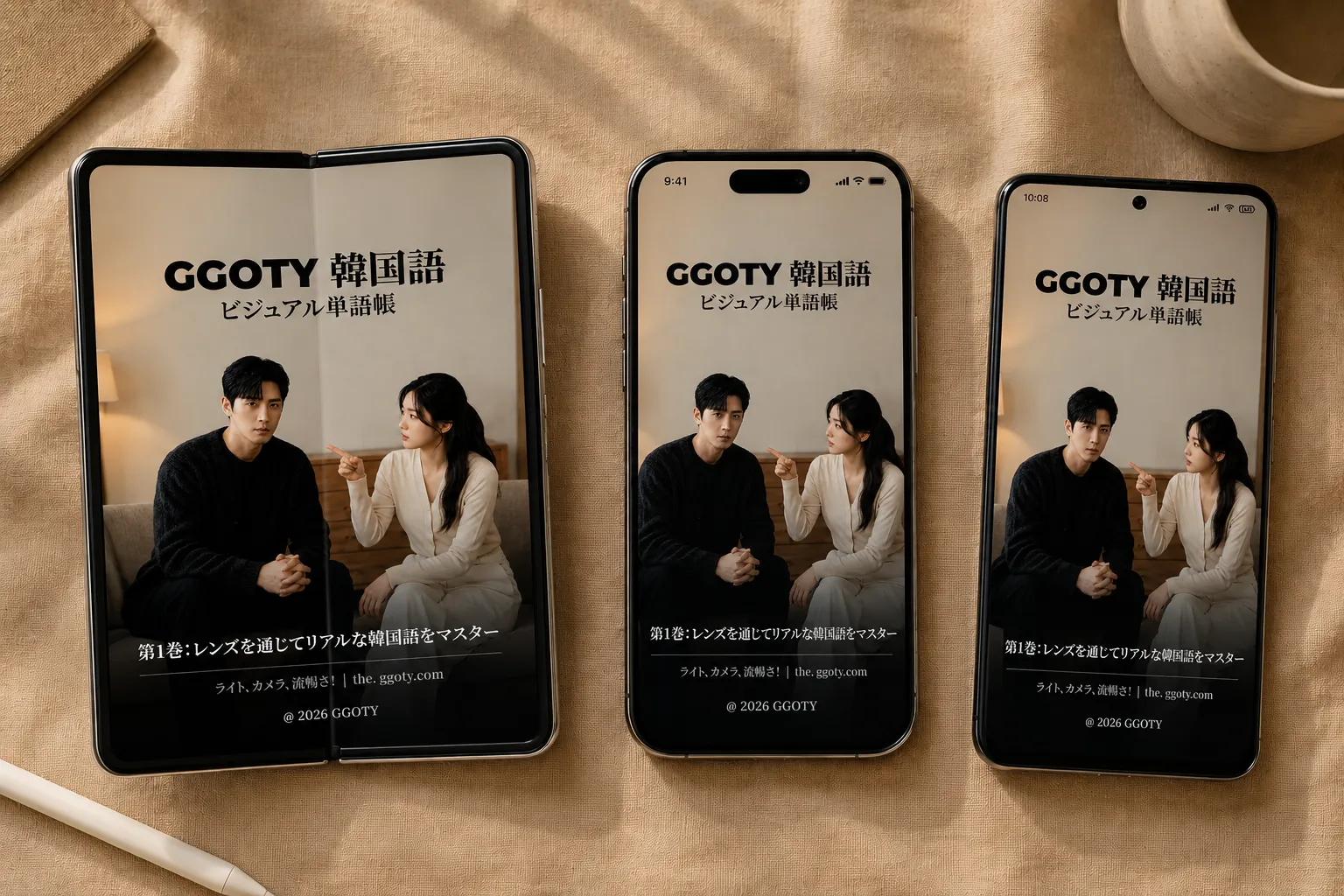 スマートフォンに表示された GGOTY ビジュアル韓国語単語帳