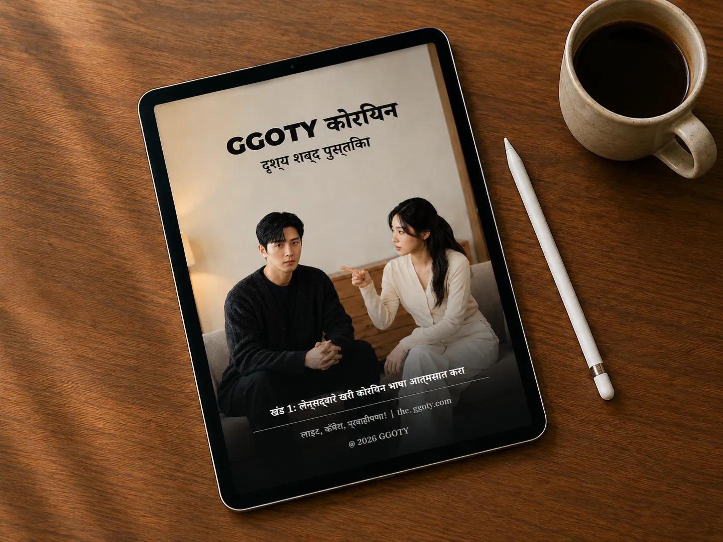 टॅब्लेटवर दर्शविलेले GGOTY दृश्य कोरियन शब्दसंग्रह पुस्तक