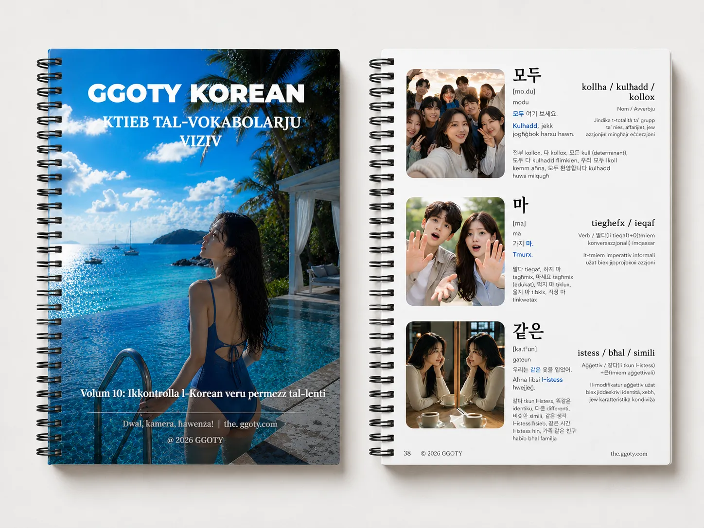 Ktieb tal-vokabolarju Korean ta' GGOTY muri bħala notebook spirali