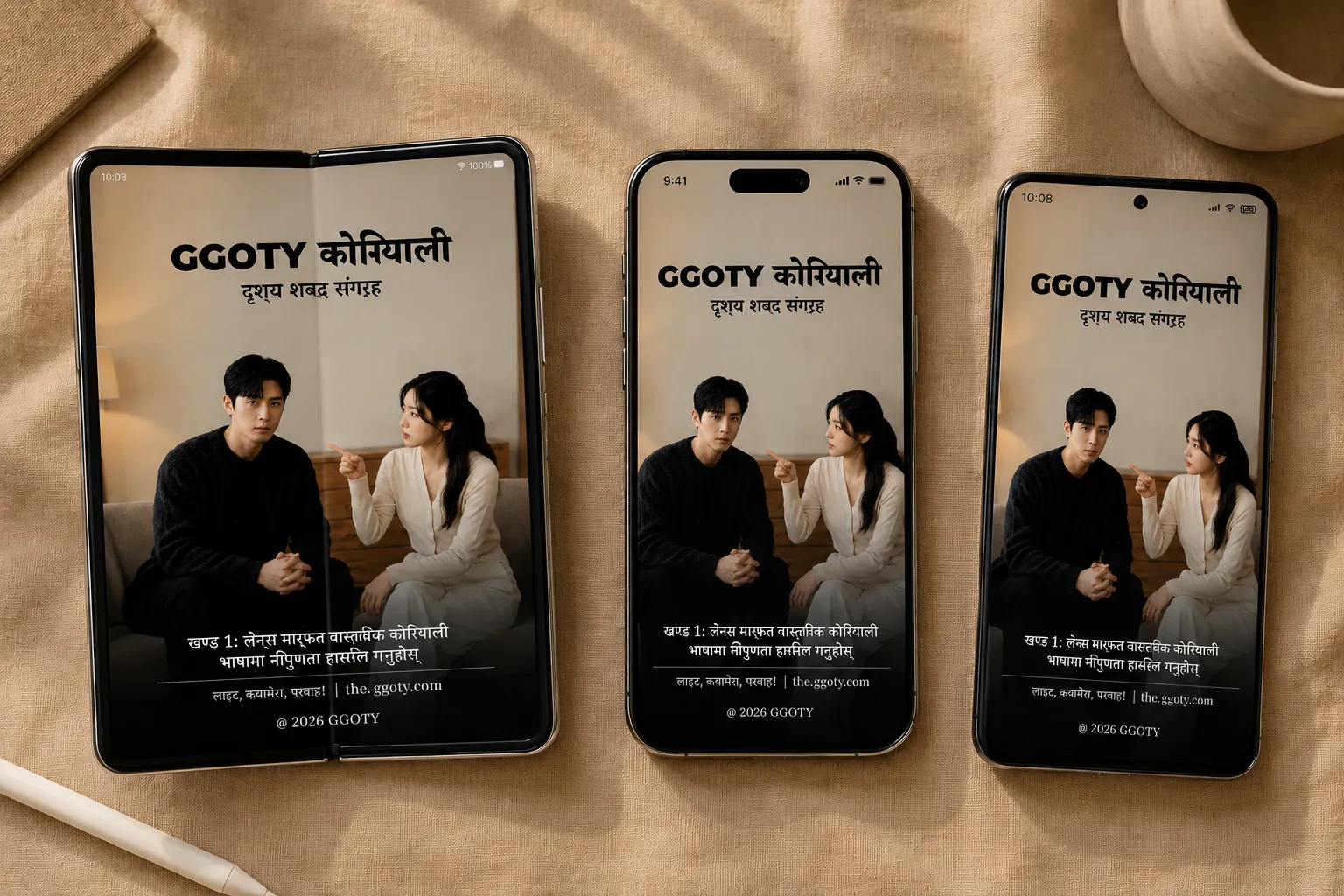 स्मार्टफोनमा प्रदर्शित GGOTY भिजुअल कोरियाली शब्दावली पुस्तक