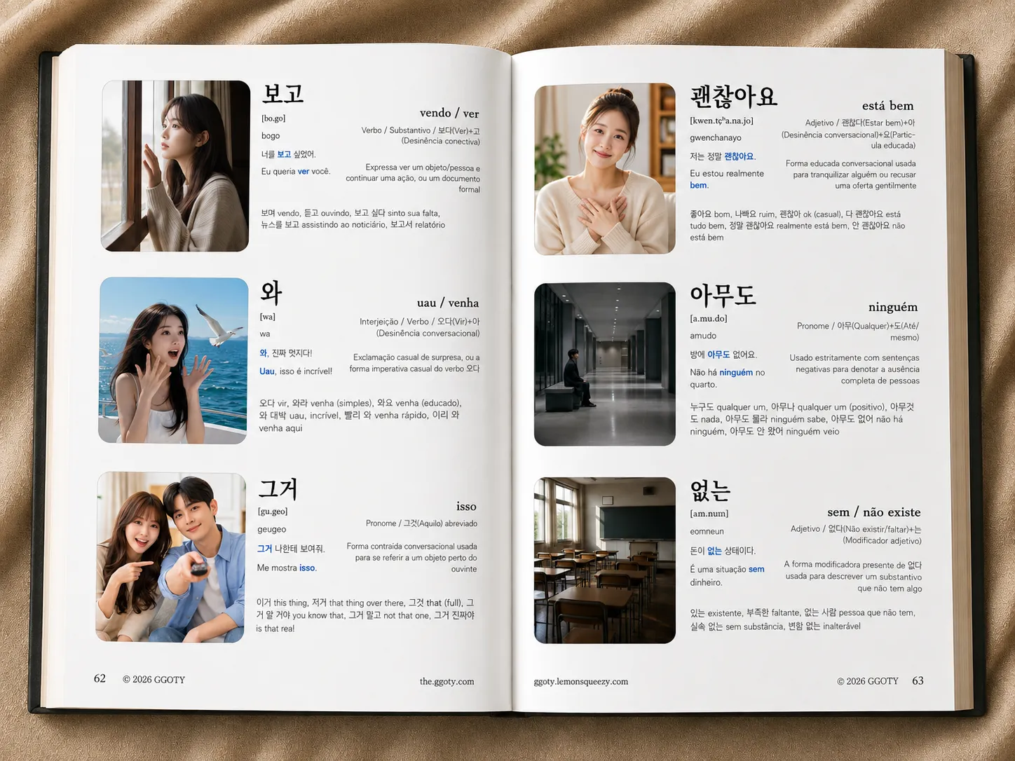 Páginas internas do livro de vocabulário visual coreano da GGOTY