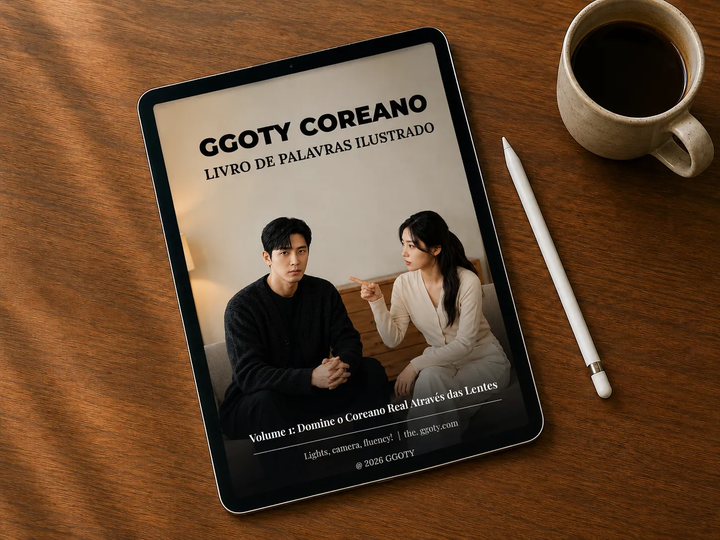 Livro de vocabulário visual coreano da GGOTY exibido em um tablet