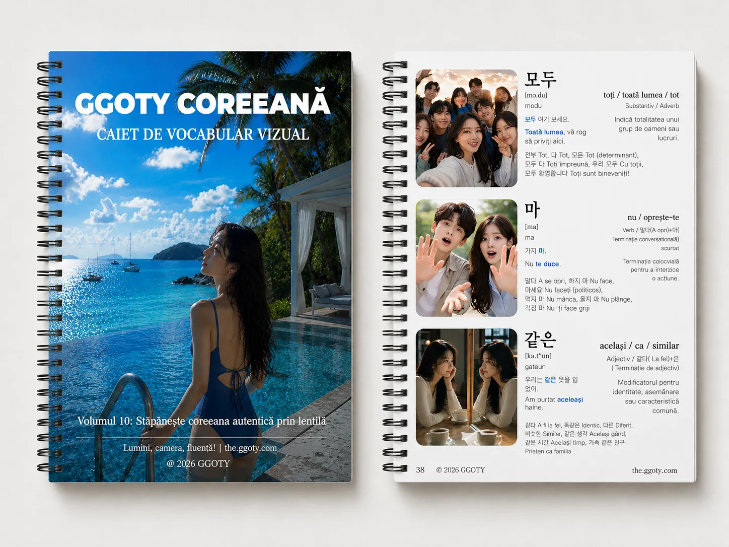 Cartea de vocabular coreean GGOTY prezentată ca caiet spiralat