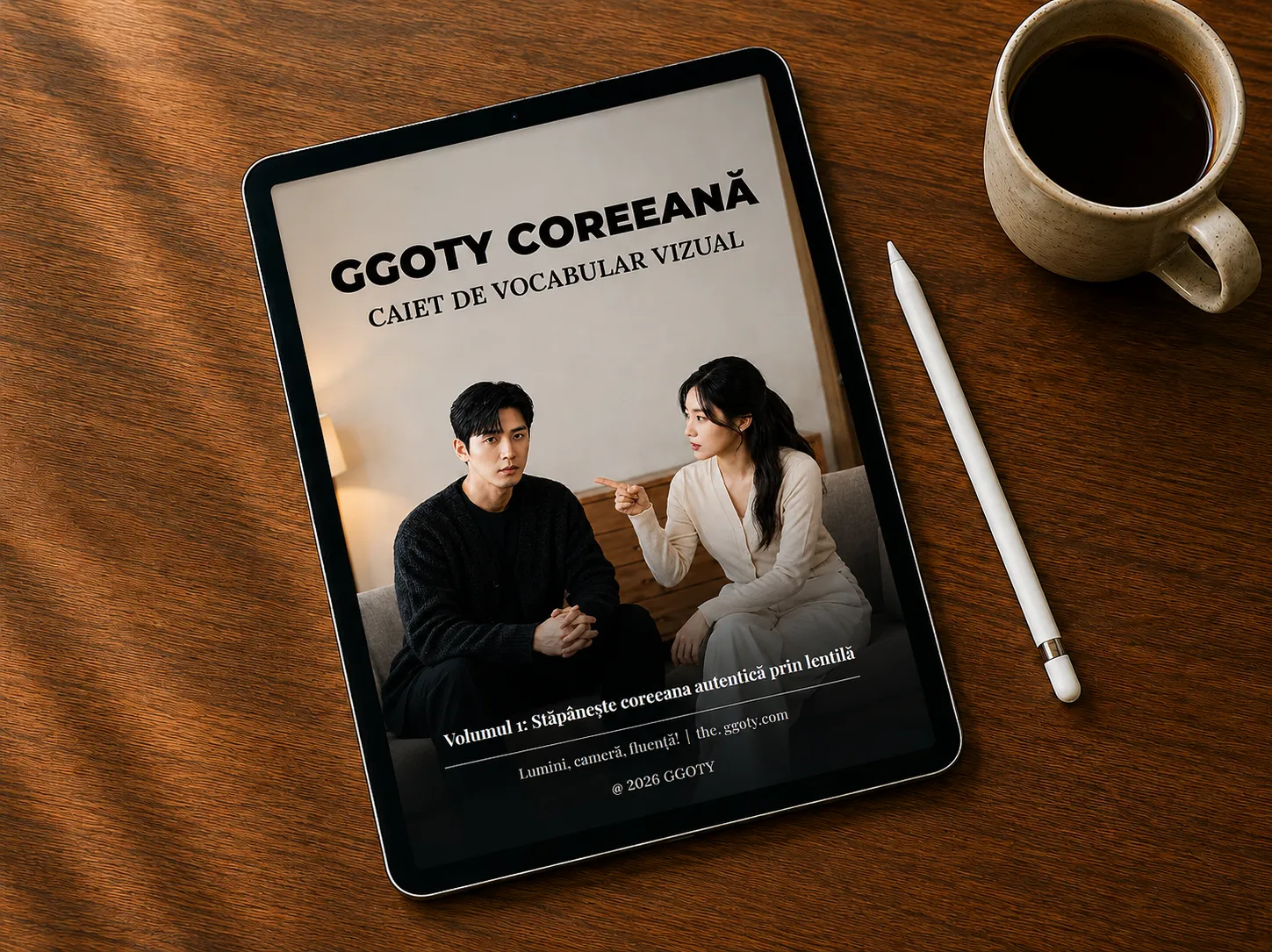 Cartea de vocabular coreean vizual GGOTY afișată pe o tabletă
