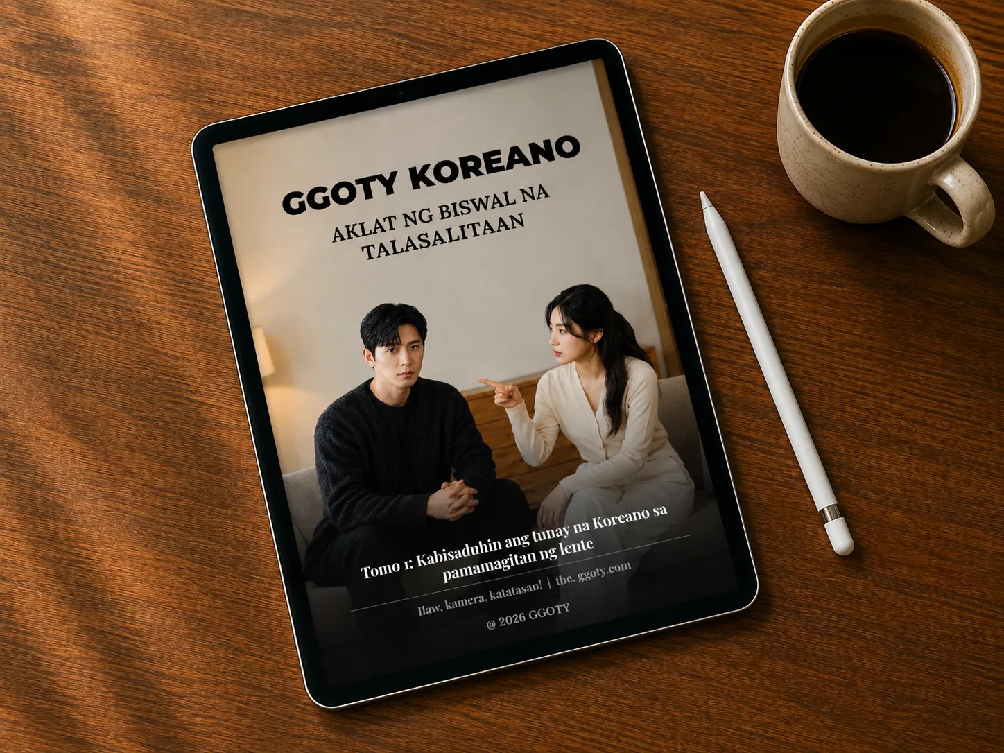 Aklat ng biswal na bokabularyong Koreano ng GGOTY na ipinapakita sa tablet