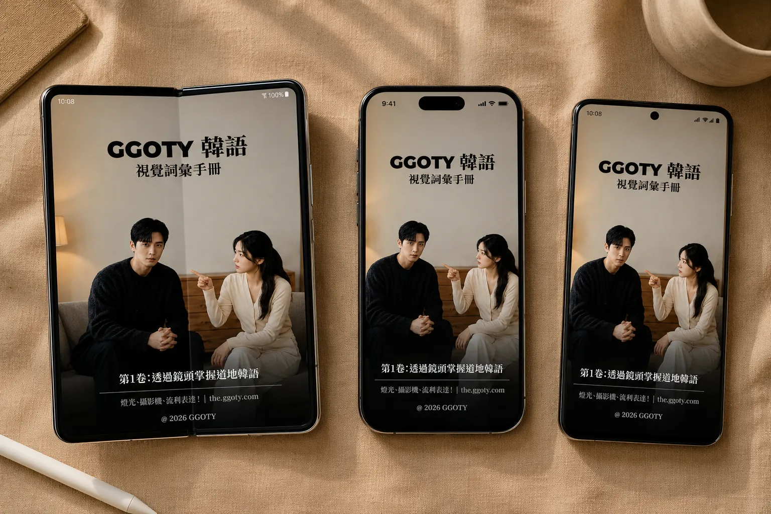 在智慧型手機上顯示的 GGOTY 韓語視覺詞彙書